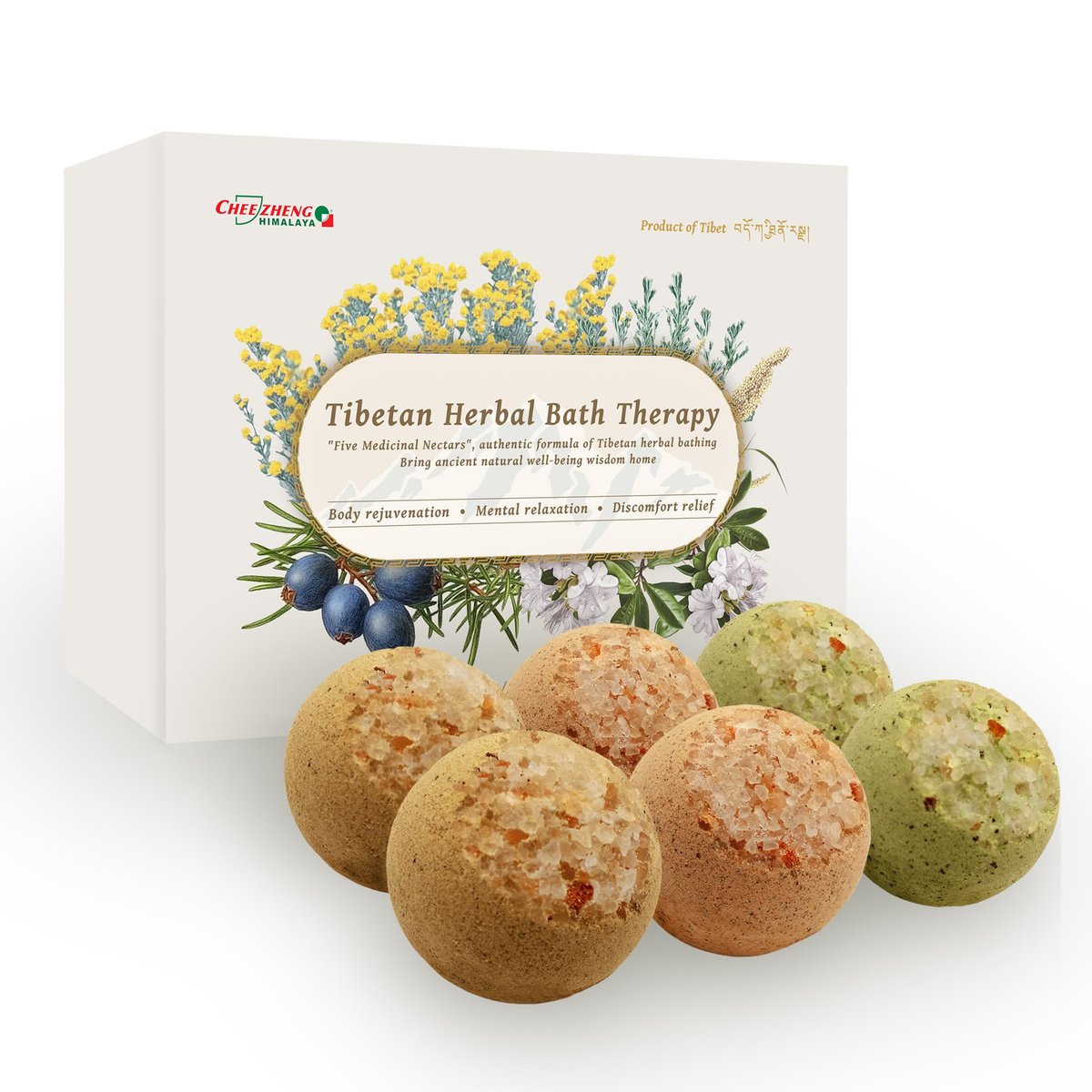 CheezhengHimalaya Tibetan Herbal Bath Therapy – Bath Bomb Gift Set, 6 Pack, Five Medicinal Nectars, Relaxing & Revitalizing Avelisse