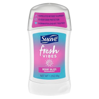 Suave Fresh Vibes Deodorant Stick Berry Bliss - Aluminum Free, 48 Hour Odor Protection, Dermatologist Tested, 1.2 OZ (Pack of 12)
