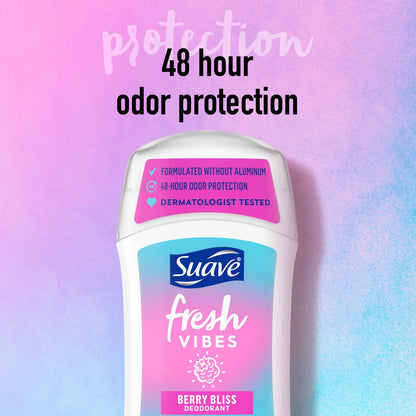 Suave Fresh Vibes Deodorant Stick Berry Bliss - Aluminum Free, 48 Hour Odor Protection, Dermatologist Tested, 1.2 OZ (Pack of 12)