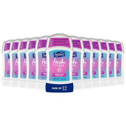 Suave Fresh Vibes Deodorant Stick Berry Bliss - Aluminum Free, 48 Hour Odor Protection, Dermatologist Tested, 1.2 OZ (Pack of 12)