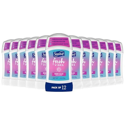 Suave Fresh Vibes Deodorant Stick Berry Bliss - Aluminum Free, 48 Hour Odor Protection, Dermatologist Tested, 1.2 OZ (Pack of 12)