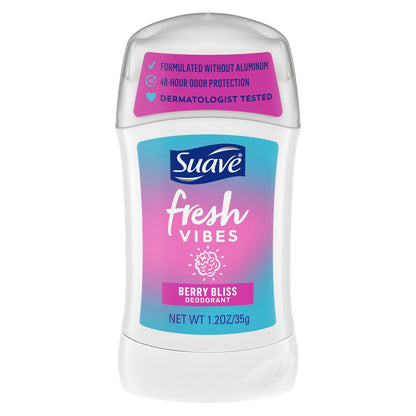Suave Fresh Vibes Deodorant Stick Berry Bliss - Aluminum Free, 48 Hour Odor Protection, Dermatologist Tested, 1.2 OZ (Pack of 12)