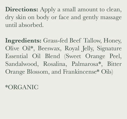 Harvest & Herd Citrus & Honey Tallow Balm - Organic Skin Nutrition with Olive Oil, Raw Manuka Honey, Beeswax, Royal Jelly and Signature Essential Oil Blend (2oz 60ml) Avelisse