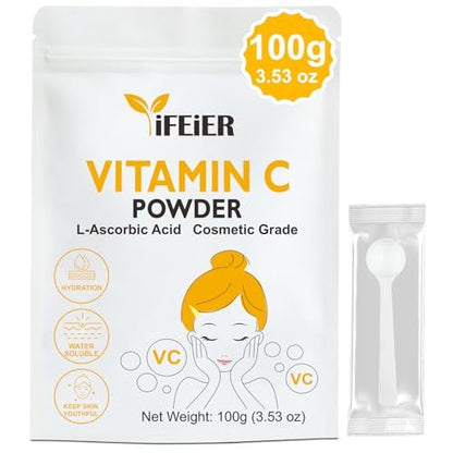 iFEiER Vitamin C Powder for Face - 100g (3.53oz) Cosmetic Grade Pure L-Ascorbic Acid VC Powder for DIY Serum, Creams & Skin Care