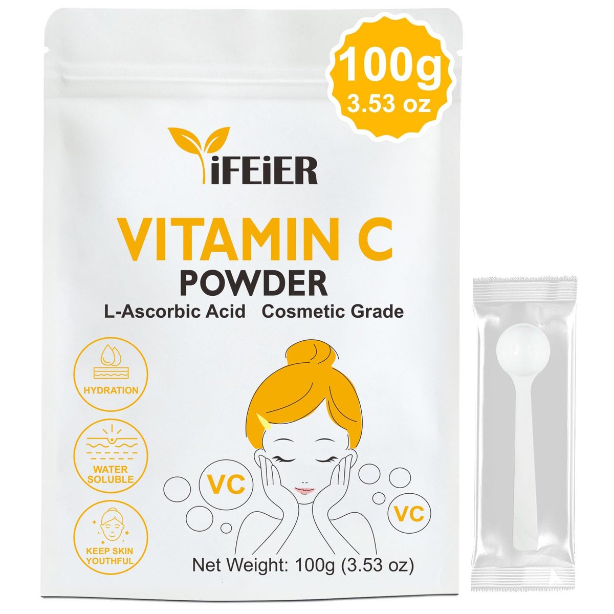 iFEiER Vitamin C Powder for Face - 100g (3.53oz) Cosmetic Grade Pure L-Ascorbic Acid VC Powder for DIY Serum, Creams & Skin Care - görsel 1