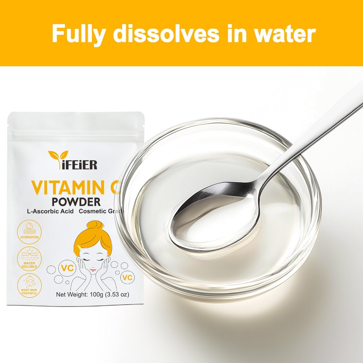iFEiER Vitamin C Powder for Face - 100g (3.53oz) Cosmetic Grade Pure L-Ascorbic Acid VC Powder for DIY Serum, Creams & Skin Care - görsel 11