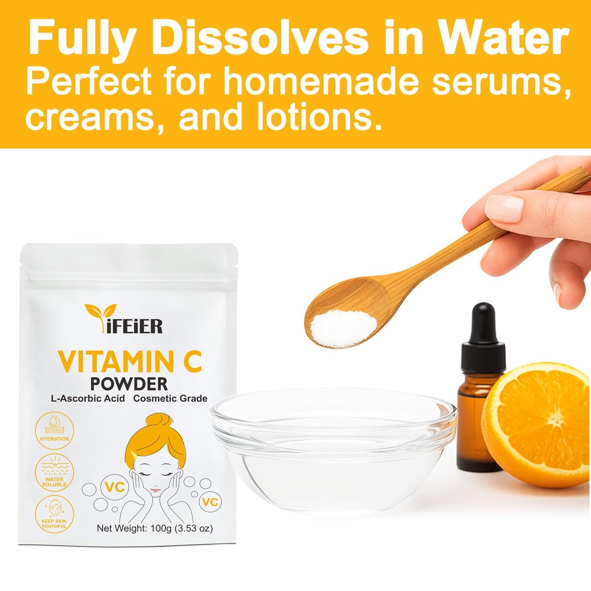 iFEiER Vitamin C Powder for Face - 100g (3.53oz) Cosmetic Grade Pure L-Ascorbic Acid VC Powder for DIY Serum, Creams & Skin Care - görsel 5