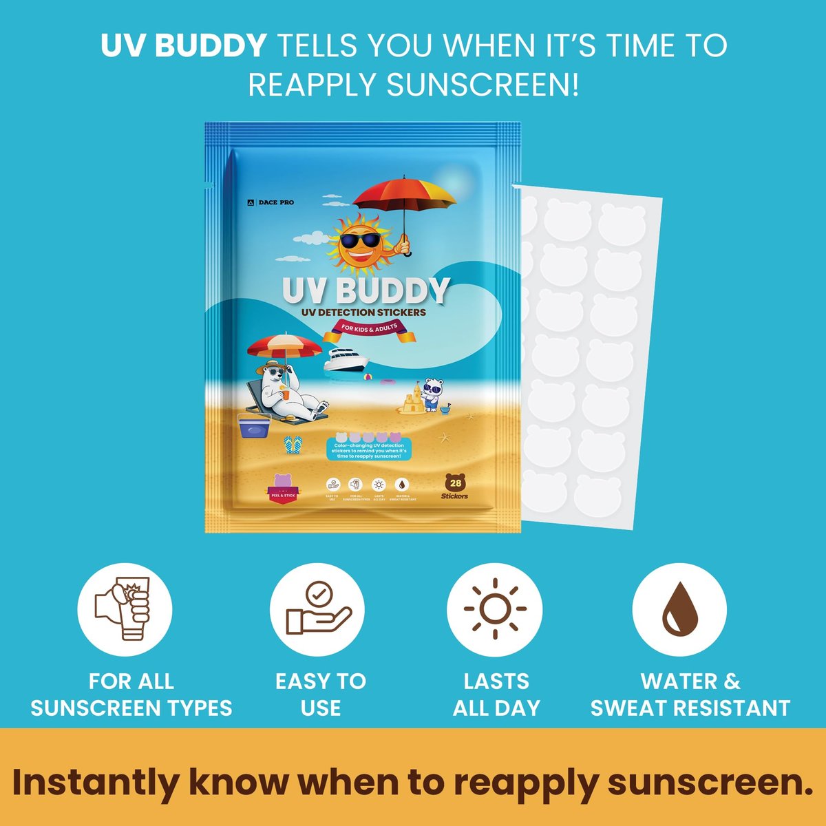 UV Buddy 28 Pack Bear Shaped UV Detection Stickers for Sunscreen – Fun Kid Friendly Sun Protection Reminder for Parents Adults, Waterproof Sunscreen Patch UV Patch Sunblock Stickers for Reapplying Avelisse