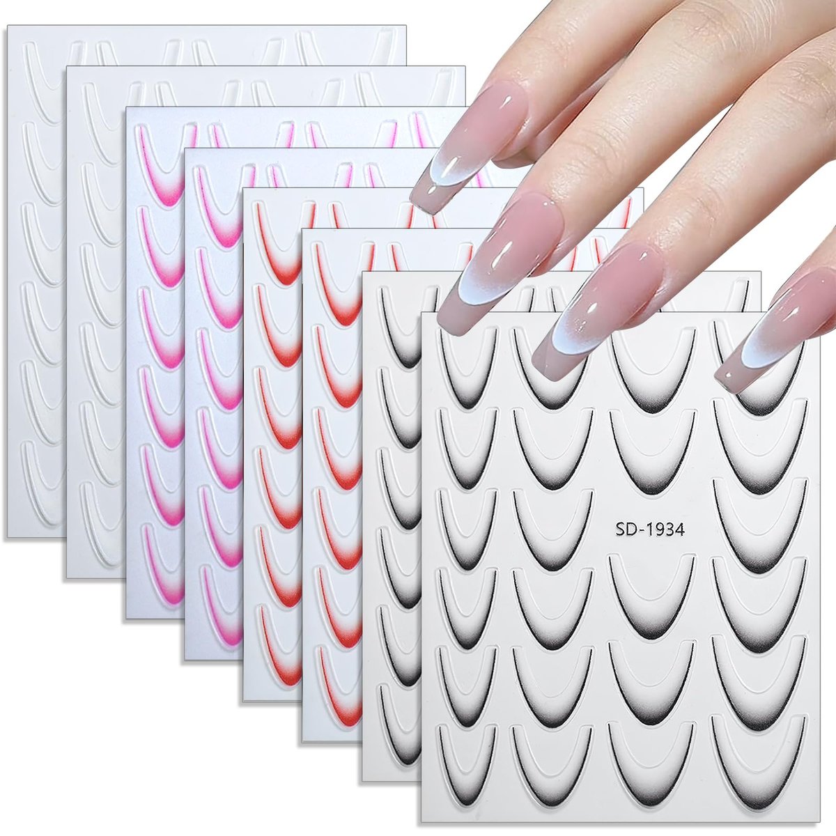 Jremg 3D French Tip Nail Stickers Kit - Reusable Self-Adhesive Nail Art Decals with Geometric Patterns, DIY Manicure Designs for Women, 10 Sheets Easy Apply Salon-Quality Avelisse