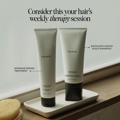 LolaVie Jen’s Sunday Reset Duo - Exfoliate & Detox Scalp Shampoo (6 oz) & Intensive Repair Treatment (5 oz) - Vegan, Cruelty-Free, Color Safe - for All Hair Types