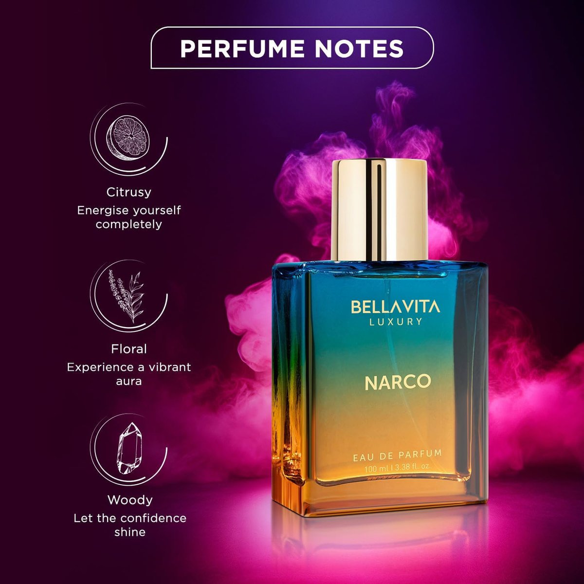 Bellavita Luxury Narco Eau de Parfum 100 ml | Unisex Floral Fragrance with Bergamot, Jasmine & White Musk Avelisse