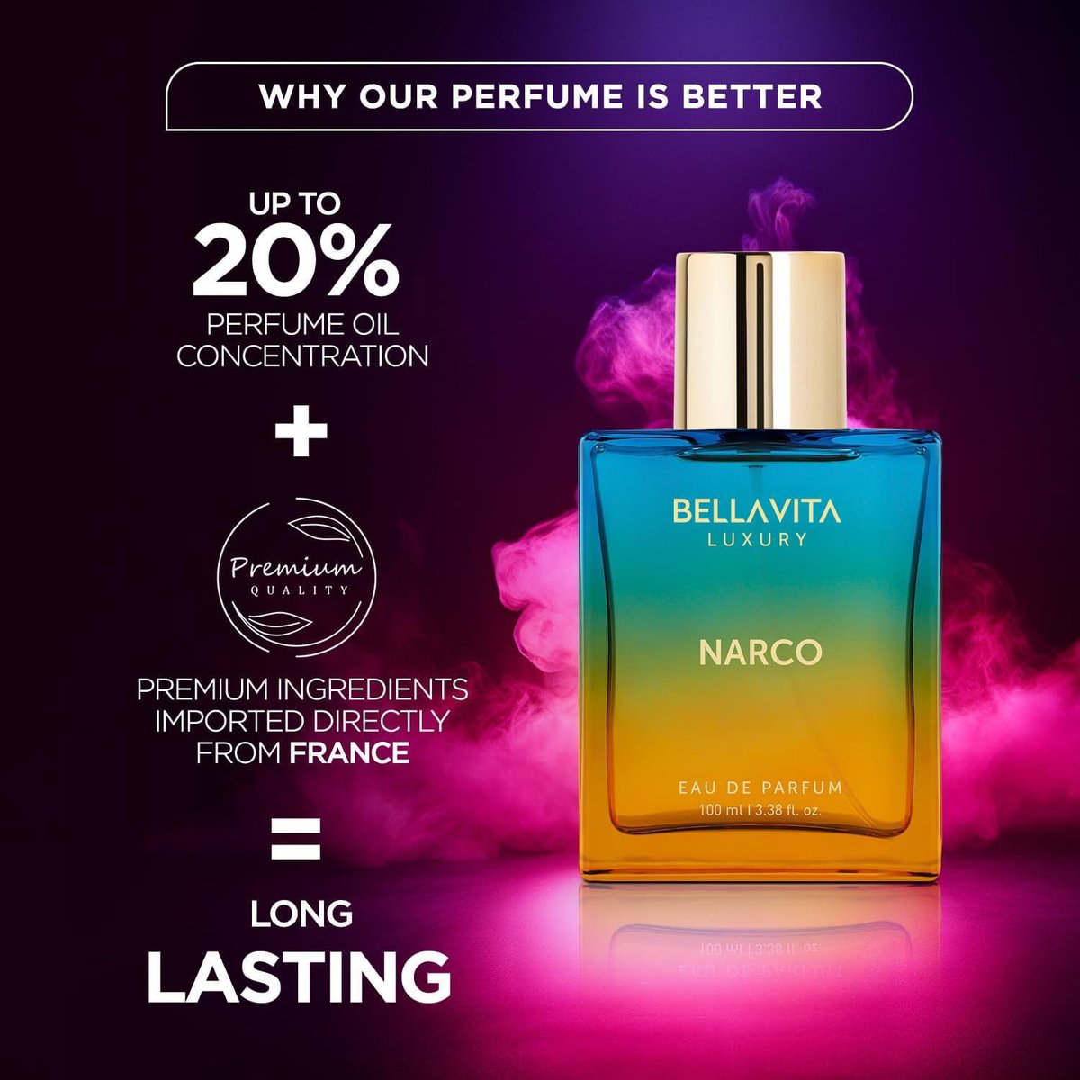 Bellavita Luxury Narco Eau de Parfum 100 ml | Unisex Floral Fragrance with Bergamot, Jasmine & White Musk Avelisse