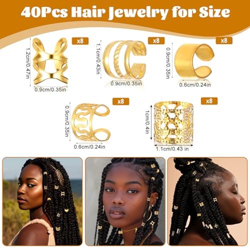 40pcs Gold Hair Cuffs Charms Rings for Braids - Adjustable Loc Jewelry Dreadlocks Braid Clips Decorations for Black Women Men - görsel 8