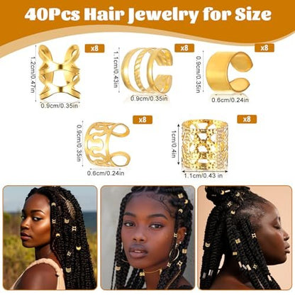 40pcs Gold Hair Cuffs Charms Rings for Braids - Adjustable Loc Jewelry Dreadlocks Braid Clips Decorations for Black Women Men