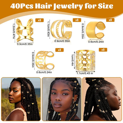 40pcs Gold Hair Cuffs Charms Rings for Braids - Adjustable Loc Jewelry Dreadlocks Braid Clips Decorations for Black Women Men
