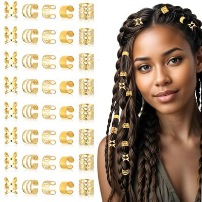 40pcs Gold Hair Cuffs Charms Rings for Braids - Adjustable Loc Jewelry Dreadlocks Braid Clips Decorations for Black Women Men