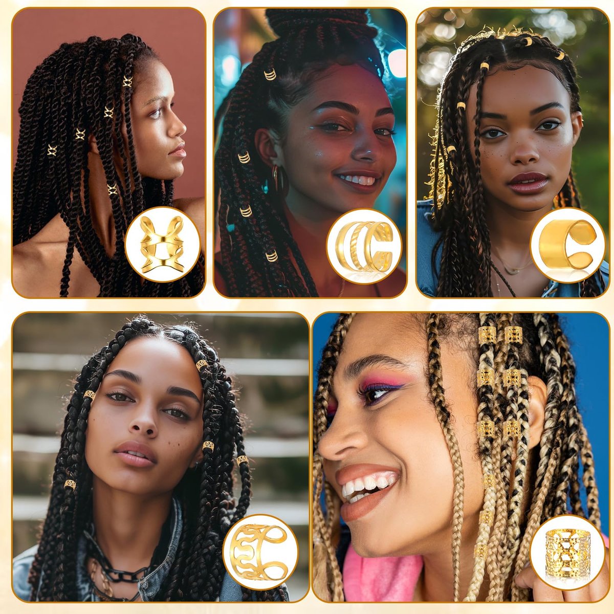 40pcs Gold Hair Cuffs Charms Rings for Braids - Adjustable Loc Jewelry Dreadlocks Braid Clips Decorations for Black Women Men - görsel 3