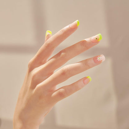 KISS Impress No Glue Mani 30 Pcs Press on Nails - Green French Tip with Flower Design, Squoval Shape, Easy Peel & Press Application