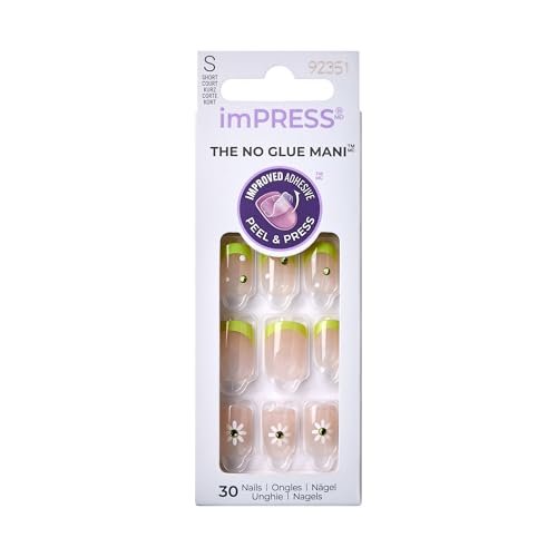 KISS Impress No Glue Mani 30 Pcs Press on Nails - Green French Tip with Flower Design, Squoval Shape, Easy Peel & Press Application - görsel 2