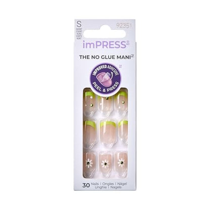 KISS Impress No Glue Mani 30 Pcs Press on Nails - Green French Tip with Flower Design, Squoval Shape, Easy Peel & Press Application
