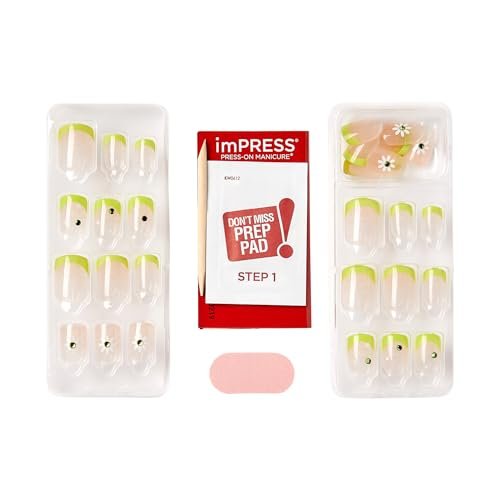 KISS Impress No Glue Mani 30 Pcs Press on Nails - Green French Tip with Flower Design, Squoval Shape, Easy Peel & Press Application - görsel 6