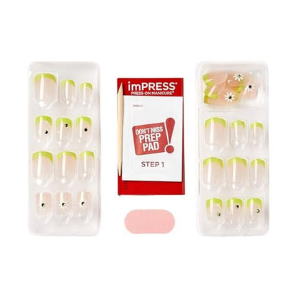 KISS Impress No Glue Mani 30 Pcs Press on Nails - Green French Tip with Flower Design, Squoval Shape, Easy Peel & Press Application