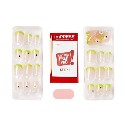 KISS Impress No Glue Mani 30 Pcs Press on Nails - Green French Tip with Flower Design, Squoval Shape, Easy Peel & Press Application