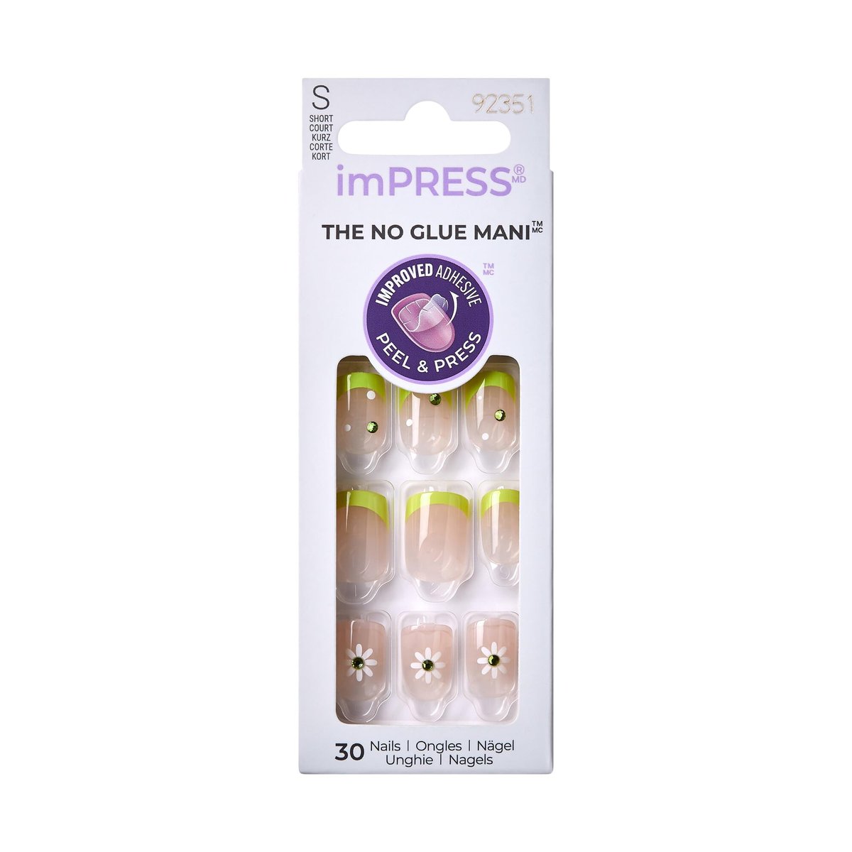 KISS Impress No Glue Mani 30 Pcs Press on Nails - Green French Tip with Flower Design, Squoval Shape, Easy Peel & Press Application - görsel 1
