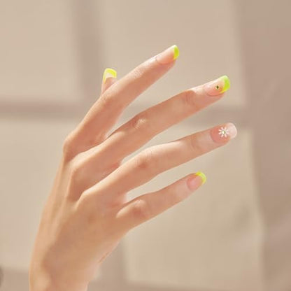 KISS Impress No Glue Mani 30 Pcs Press on Nails - Green French Tip with Flower Design, Squoval Shape, Easy Peel & Press Application