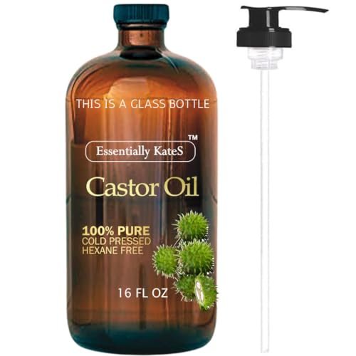 Essentially KateS Castor Oil 16 Fl Oz - 100% Pure & Natural, Cold Pressed, Hexane-Free, Glass Bottle with Pump