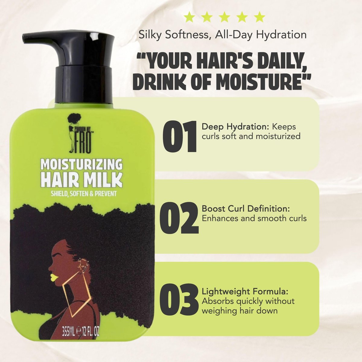 Pardon My Fro Moisturizing Hair Milk - Hydrating Leave-In Conditioner for Curly, Kinky & Coily Hair, Frizz Control, Detangles, Softens Curls, Improves Manageability, Lightweight Formula - 12 fl oz Avelisse