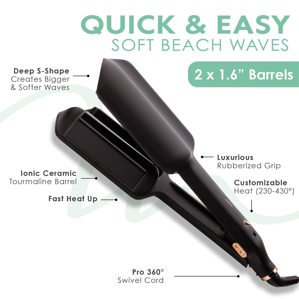 MINT Double Barrel Mermaid Hair Waver for Long Hair – Ionic Deep Waver Tool for Volume & Large Beach Waves, Wave Crimper with Adjustable Temperature Avelisse