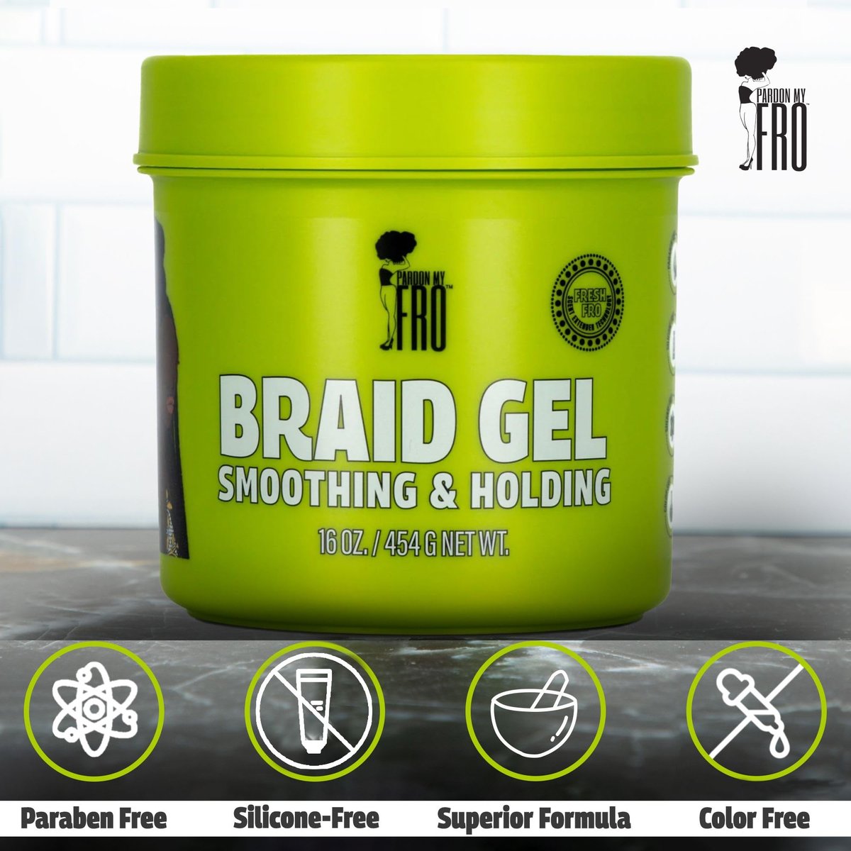 Pardon My Fro Braiding Gel - Strong Hold, Shine & Edge Control for Braids, Twists, Curls, and Dreads - Defines, Moisturizes, Adds Grip, and Provides Long-Lasting Styling with Firm Control - 16 oz Avelisse