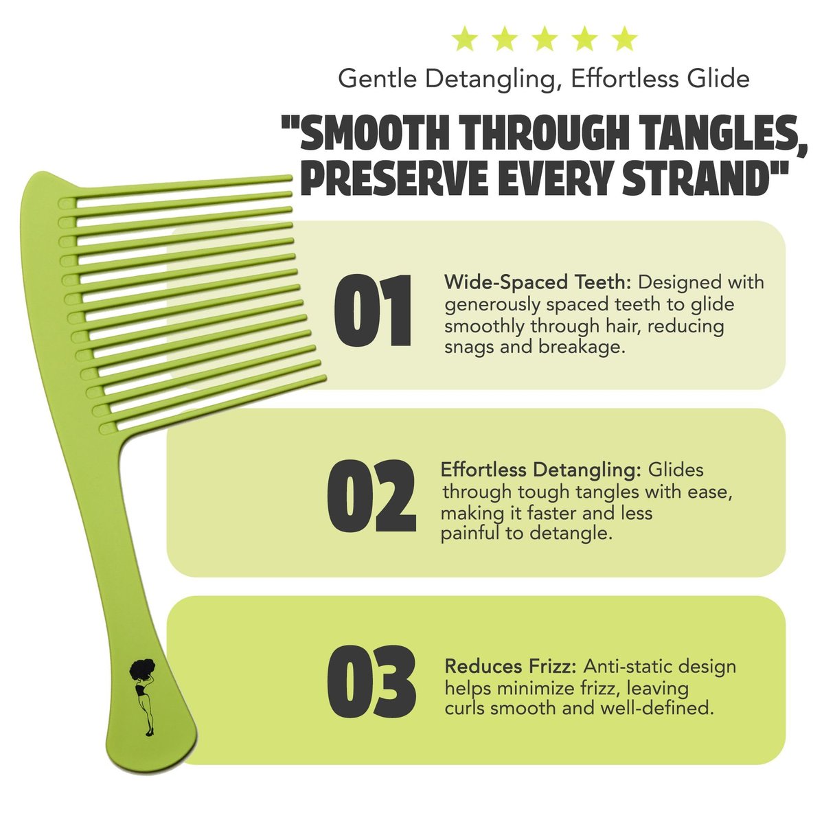 Pardon My Fro Wide Tooth Comb - Detangles Curly, Thick & Wet Hair, Minimizes Breakage, Comfortable Handle for Easy Styling, Ideal for Afro, Wavy & Textured Hair - Travel-Friendly, Lightweight - Green Avelisse