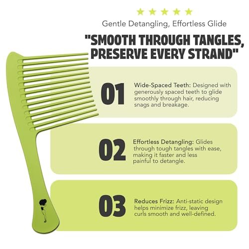 Pardon My Fro Wide Tooth Comb - Detangles Curly, Thick & Wet Hair, Minimizes Breakage, Comfortable Handle for Easy Styling, Ideal for Afro, Wavy & Textured Hair - Travel-Friendly, Lightweight - Green Avelisse