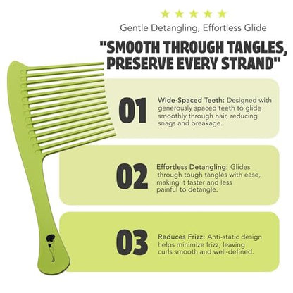 Pardon My Fro Wide Tooth Comb - Detangles Curly, Thick & Wet Hair, Minimizes Breakage, Comfortable Handle for Easy Styling, Ideal for Afro, Wavy & Textured Hair - Travel-Friendly, Lightweight - Green Avelisse