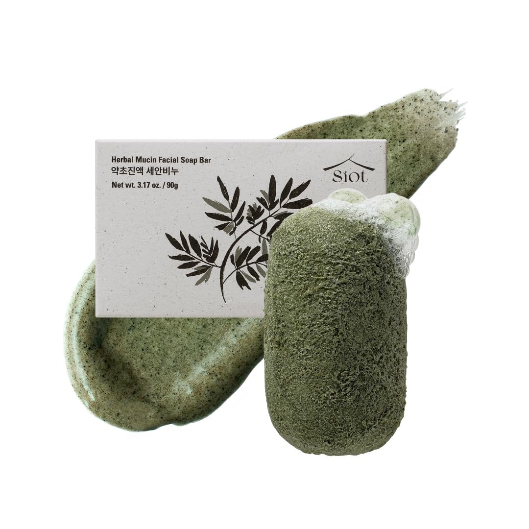 SIOT Herbal Mucin Facial Soap Bar – Hydrating & Soothing Handmade Cleanser with Coconut, Jojoba, Olive Oil, Green Tea & Mugwort for Acne & Sensitive Skin, 3.2 oz Avelisse