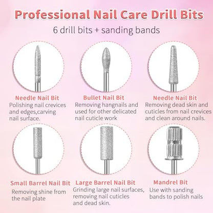 6 Pcs Nail Drill Bits Set, 3/32" Professional Nail Bits for Manicure Pedicure