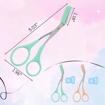 2Pcs Eyebrow Trimmer Scissors with Detachable Comb Head - Safe Eyebrow Trimming Tool for Men & Women, Stainless Steel, Easy to Operate for Beginners - Mint Green & Peach Pink