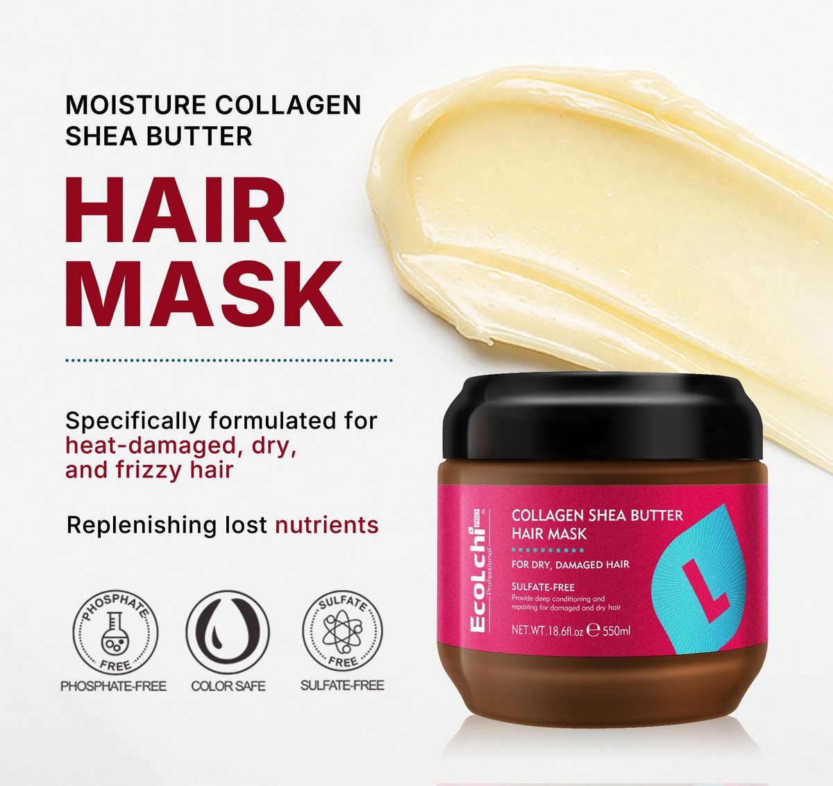 ECOLCHIPRO Collagen Shea Butter Hair Mask - Deep Repair Conditioning Treatment for Dry and Damaged Hair, All Hair Types, 18.6 oz (550ml) Avelisse