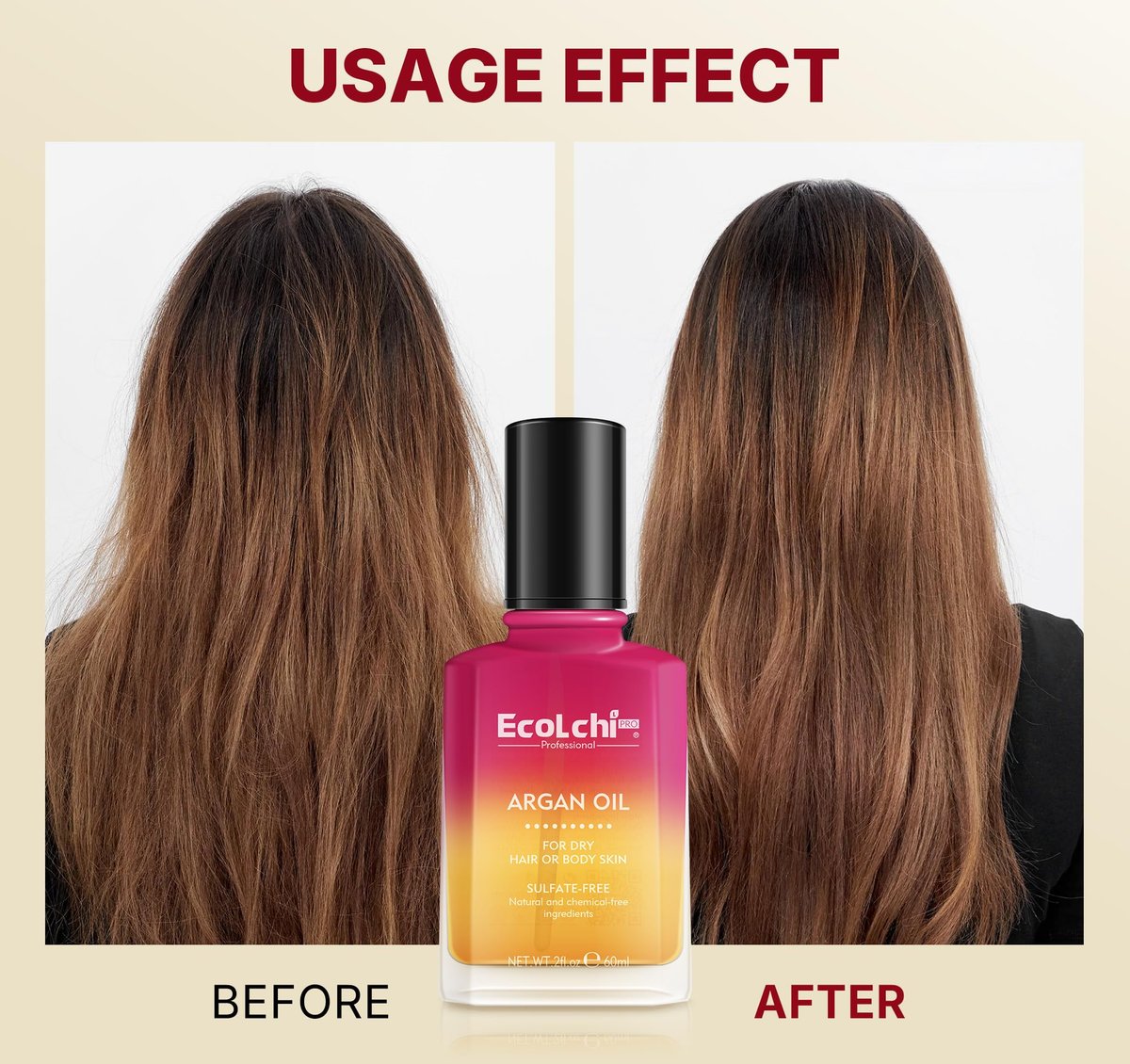 ECOLCHIPRO Argan Hair Oil Serum - Cold Pressed, Weightless Vitamin E Argan Oil Treatment for All Hair Types, Dry & Damaged Hair, Body & Skin, 60ml (2 Fl Oz) Avelisse