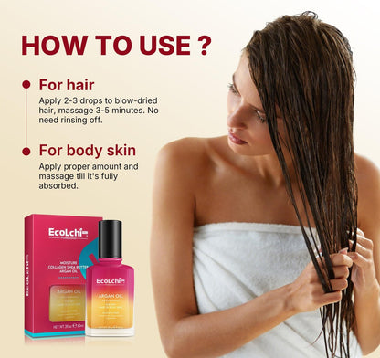 ECOLCHIPRO Argan Hair Oil Serum - Cold Pressed, Weightless Vitamin E Argan Oil Treatment for All Hair Types, Dry & Damaged Hair, Body & Skin, 60ml (2 Fl Oz) Avelisse