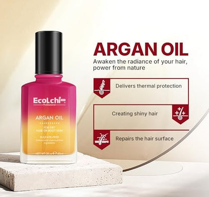 ECOLCHIPRO Argan Hair Oil Serum - Cold Pressed, Weightless Vitamin E Argan Oil Treatment for All Hair Types, Dry & Damaged Hair, Body & Skin, 60ml (2 Fl Oz) Avelisse