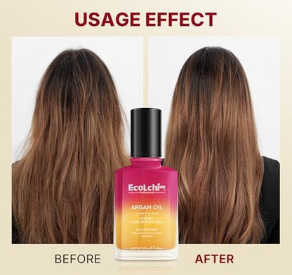 ECOLCHIPRO Argan Hair Oil Serum - Cold Pressed, Weightless Vitamin E Argan Oil Treatment for All Hair Types, Dry & Damaged Hair, Body & Skin, 60ml (2 Fl Oz) Avelisse