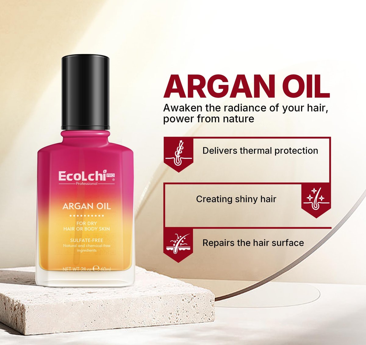 ECOLCHIPRO Argan Hair Oil Serum - Cold Pressed, Weightless Vitamin E Argan Oil Treatment for All Hair Types, Dry & Damaged Hair, Body & Skin, 60ml (2 Fl Oz) Avelisse