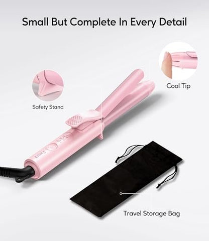 Travel Size Mini Curling Iron 3/4 Inch, Dual Voltage Ceramic Hair Curler for Short Hair with 3 Adjustable Temperatures, Auto-Off, Keratin & Argan Oil Infused, Pink Avelisse