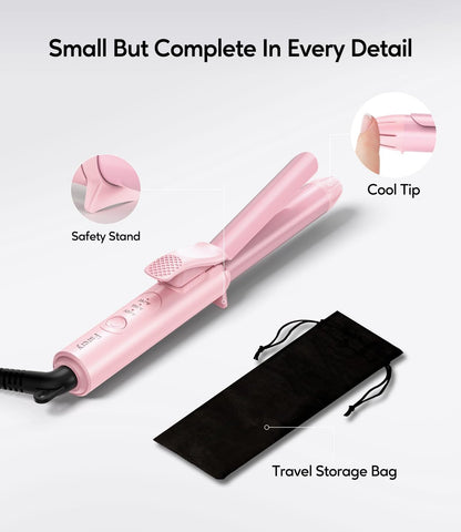Travel Size Mini Curling Iron 3/4 Inch, Dual Voltage Ceramic Hair Curler for Short Hair with 3 Adjustable Temperatures, Auto-Off, Keratin & Argan Oil Infused, Pink Avelisse