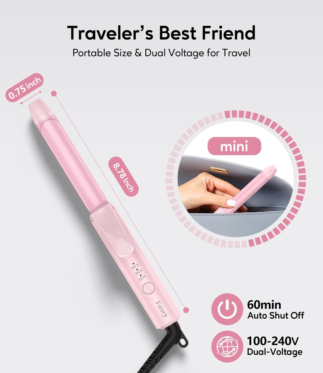 Travel Size Mini Curling Iron 3/4 Inch, Dual Voltage Ceramic Hair Curler for Short Hair with 3 Adjustable Temperatures, Auto-Off, Keratin & Argan Oil Infused, Pink Avelisse