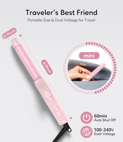 Travel Size Mini Curling Iron 3/4 Inch, Dual Voltage Ceramic Hair Curler for Short Hair with 3 Adjustable Temperatures, Auto-Off, Keratin & Argan Oil Infused, Pink Avelisse
