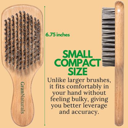 GranNaturals Hard Bristle Slick Back Hair Brush for Men & Women - Stiff Nylon Small Hairbrush for Smoothing, Waves, Beard, Fades, Locs, Dreads